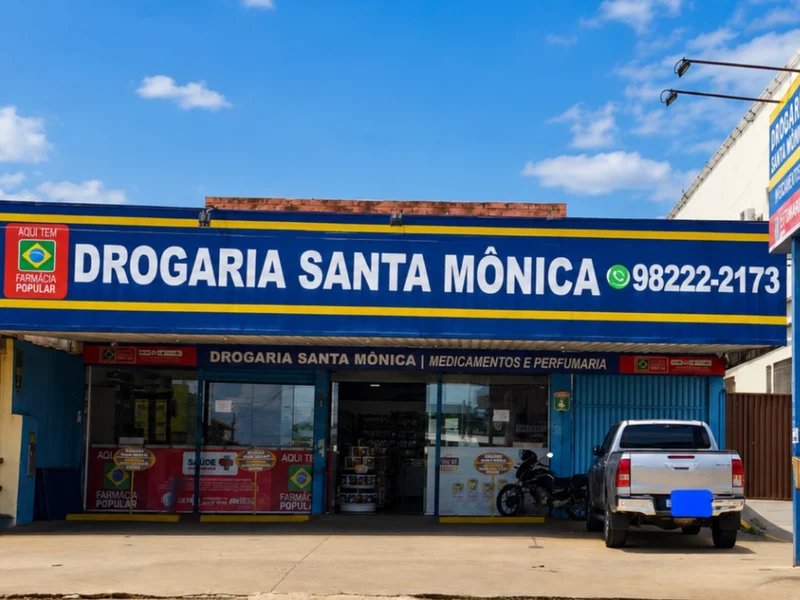 Fachada da Drogaria Santa Mônica no Parque Trindade I, Aparecida de Goiânia